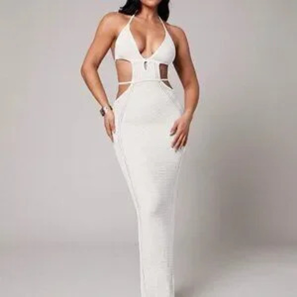 White Boho Crochet Deep V-Neck Hollow Slit Mid-Length Women's Cover Up Dress